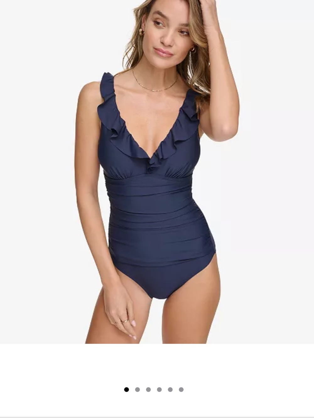 DKNY Women’s Navy Ruffle Plunge Tummy Control one piece swimsuit NWT Size 12 - Picture 10 of 14